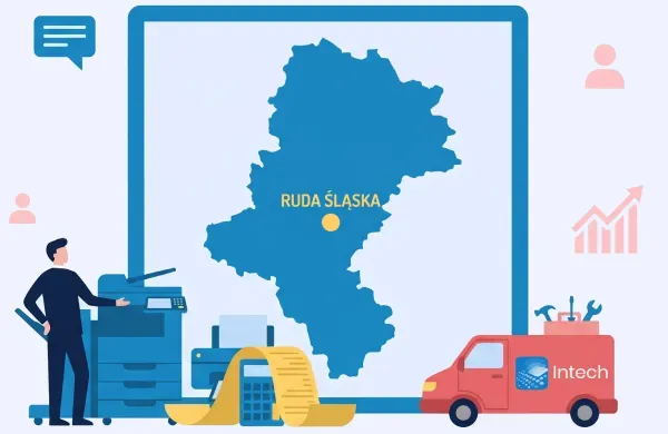 Urządzenia wielofunkcyjne i auto mobilnego serwisu na tle mapy Rudy Śląskiej
